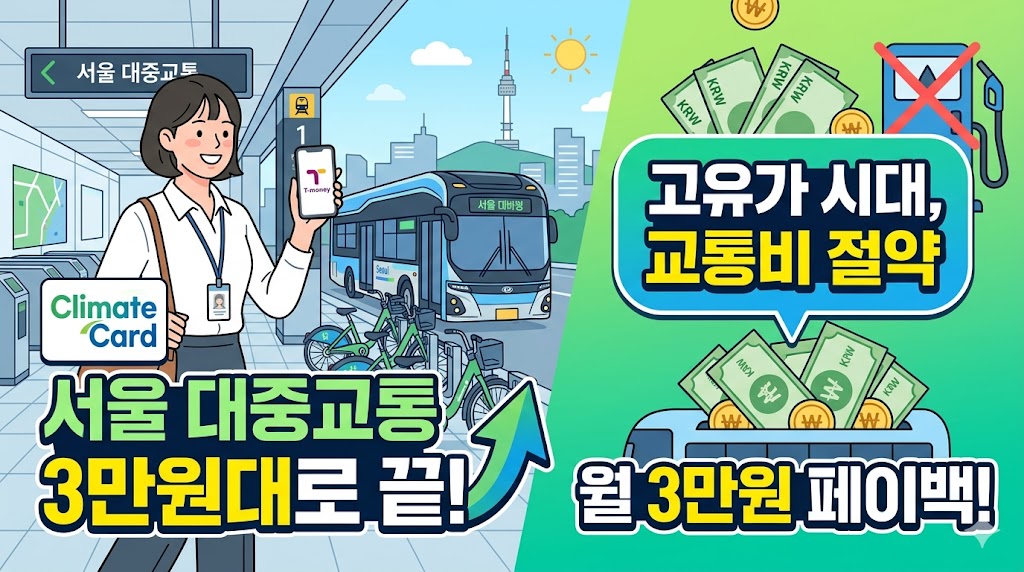 서울시 기후동행카드 3만원 페이백 홍보 이미지. 왼쪽에는 카드를 든 직장인과 서울 버스, 따릉이가 있고, 오른쪽에는 월 3만원 페이백과 고유가 시대 교통비 절약 문구가 적혀 있음.